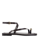 Gynnie Flat Leather Sandal - Dark Brown Leather Embossed Croco / Marc Fisher For Sale