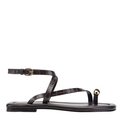 Gynnie Flat Leather Sandal - Dark Brown Leather Embossed Croco / Marc Fisher For Sale
