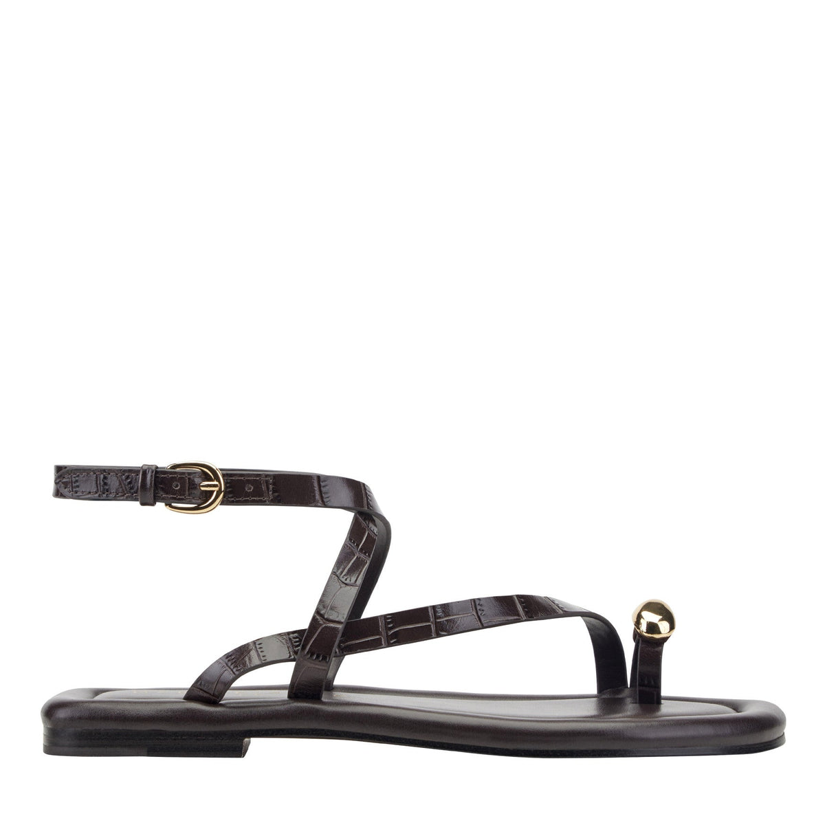 Gynnie Flat Leather Sandal - Dark Brown Leather Embossed Croco / Marc Fisher For Sale