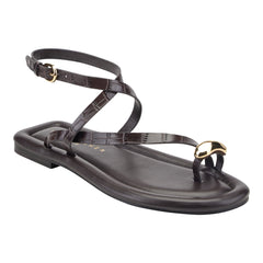 Gynnie Flat Leather Sandal - Dark Brown Leather Embossed Croco / Marc Fisher For Sale