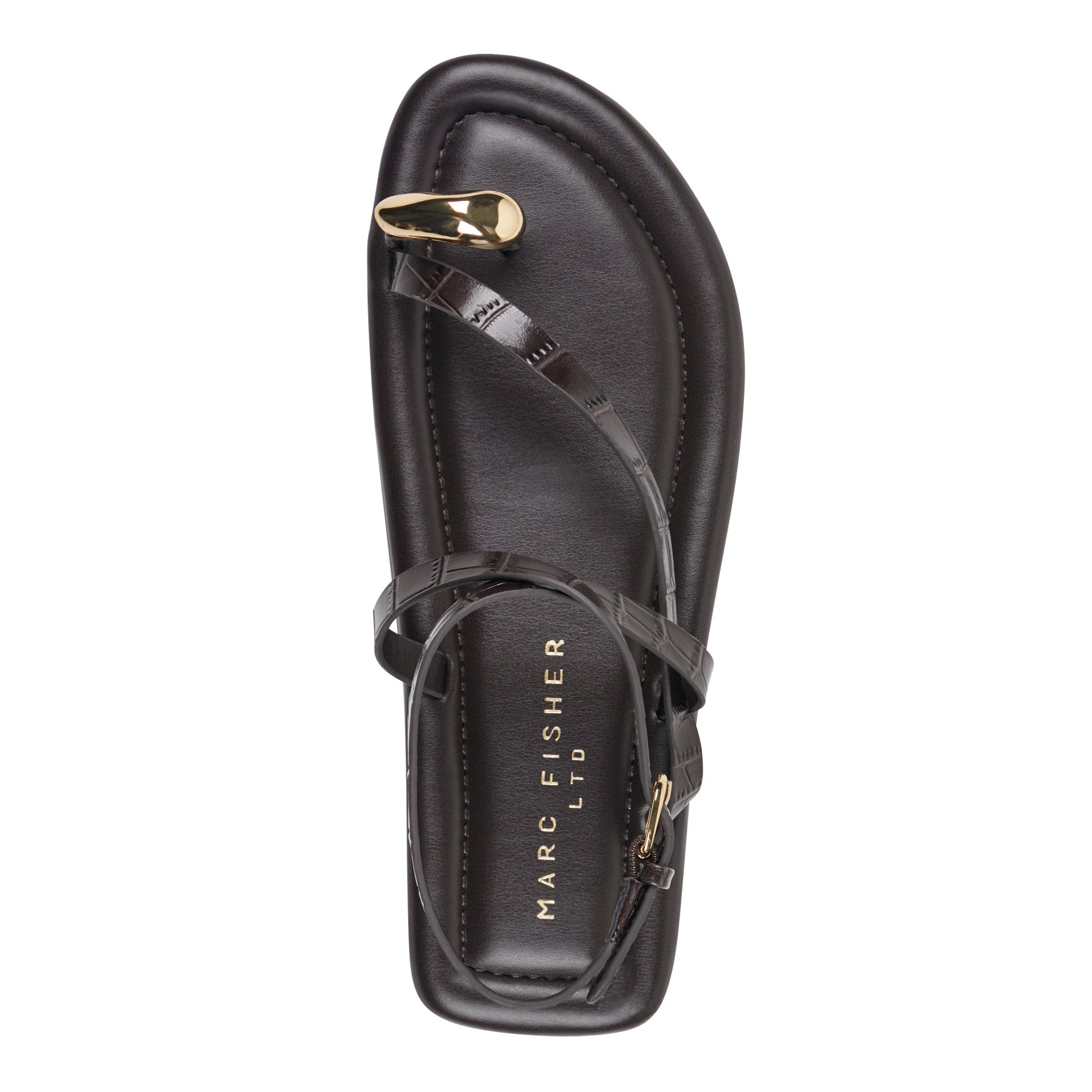 Gynnie Flat Leather Sandal - Dark Brown Leather Embossed Croco / Marc Fisher For Sale