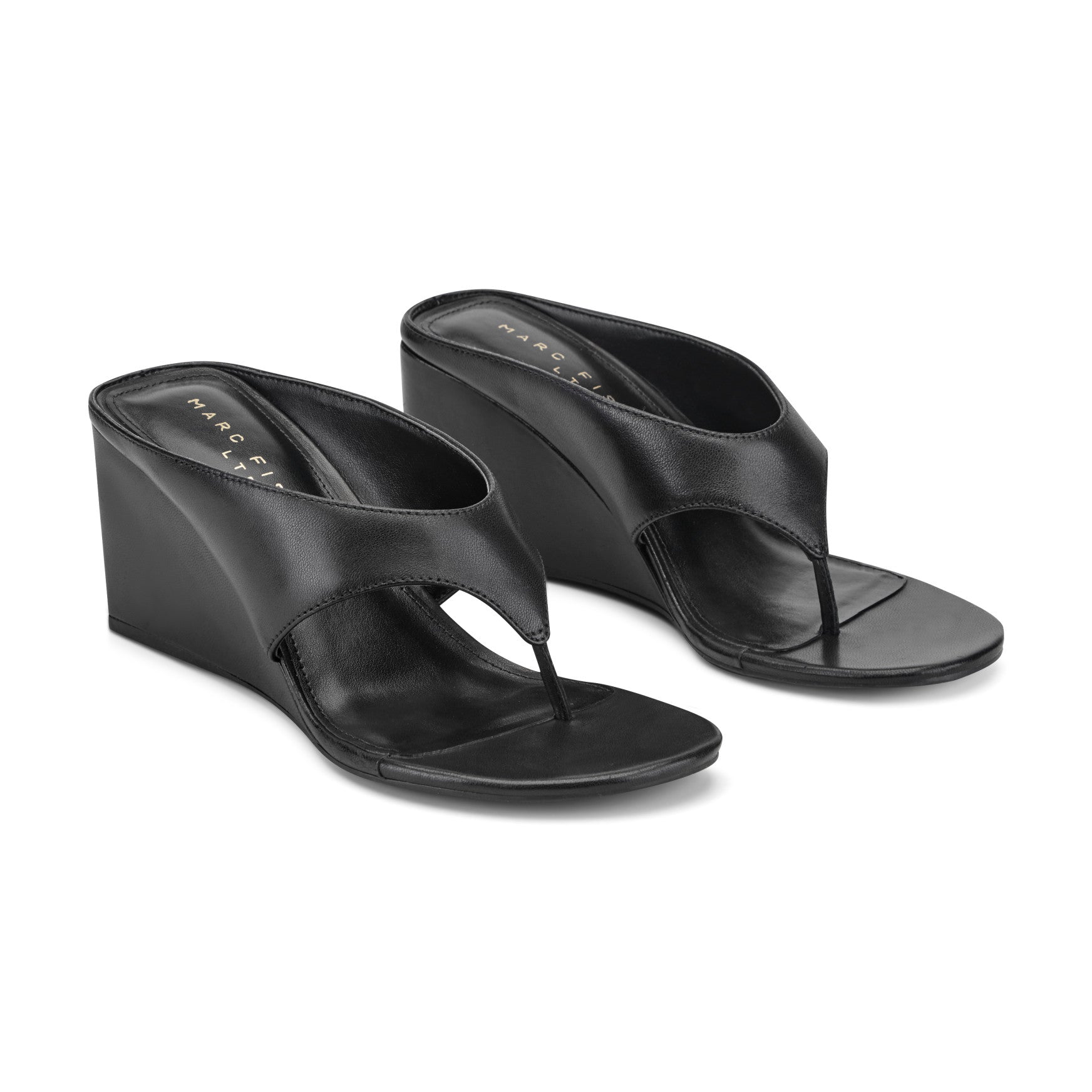 Udena Wedge Thong Sandal - Black Leather / Marc Fisher On Sale