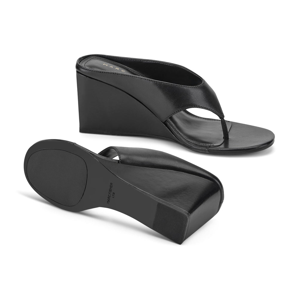 Udena Wedge Thong Sandal - Black Leather / Marc Fisher On Sale