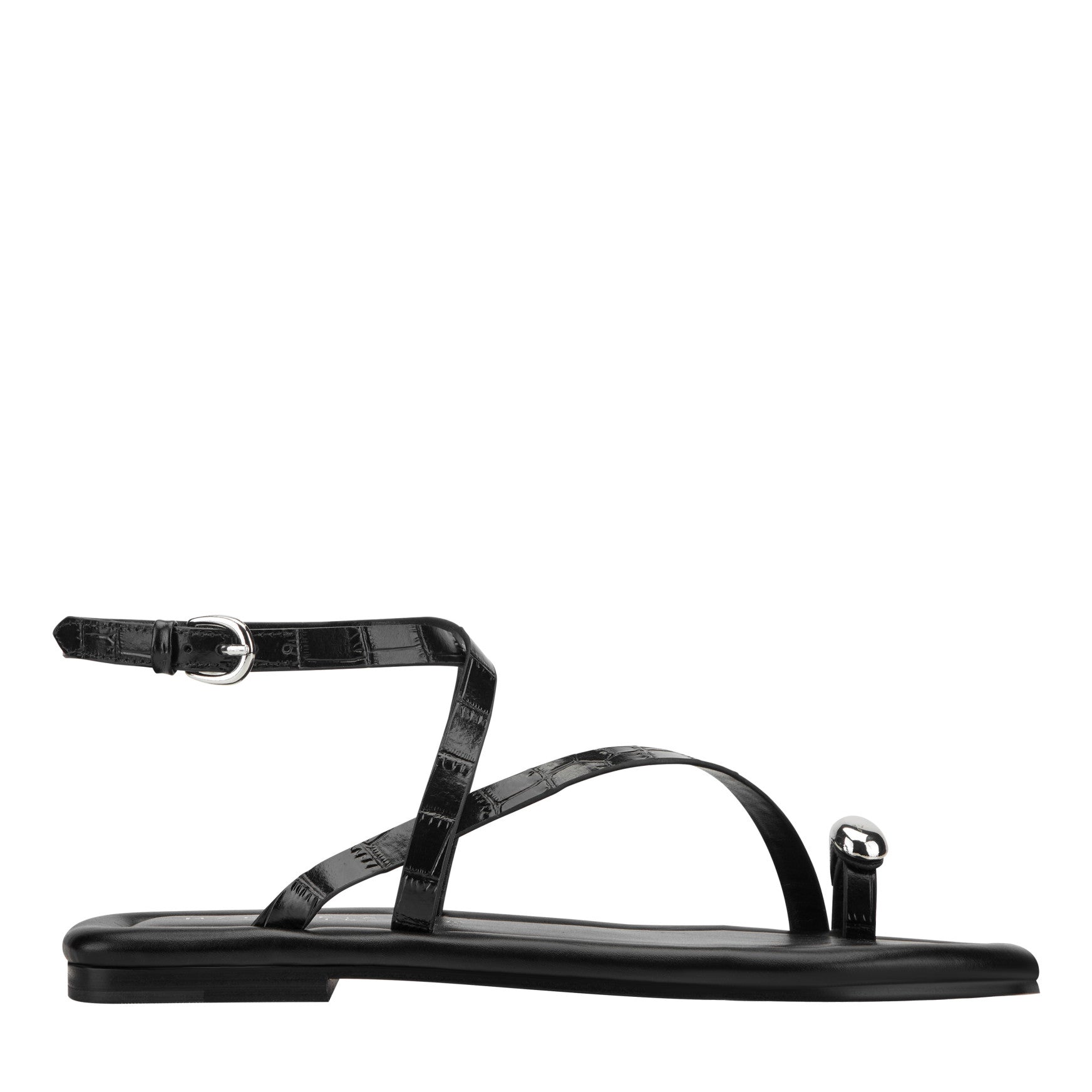 Gynnie Flat Leather Sandal - Black Leather Embossed Croco / Marc Fisher On Sale