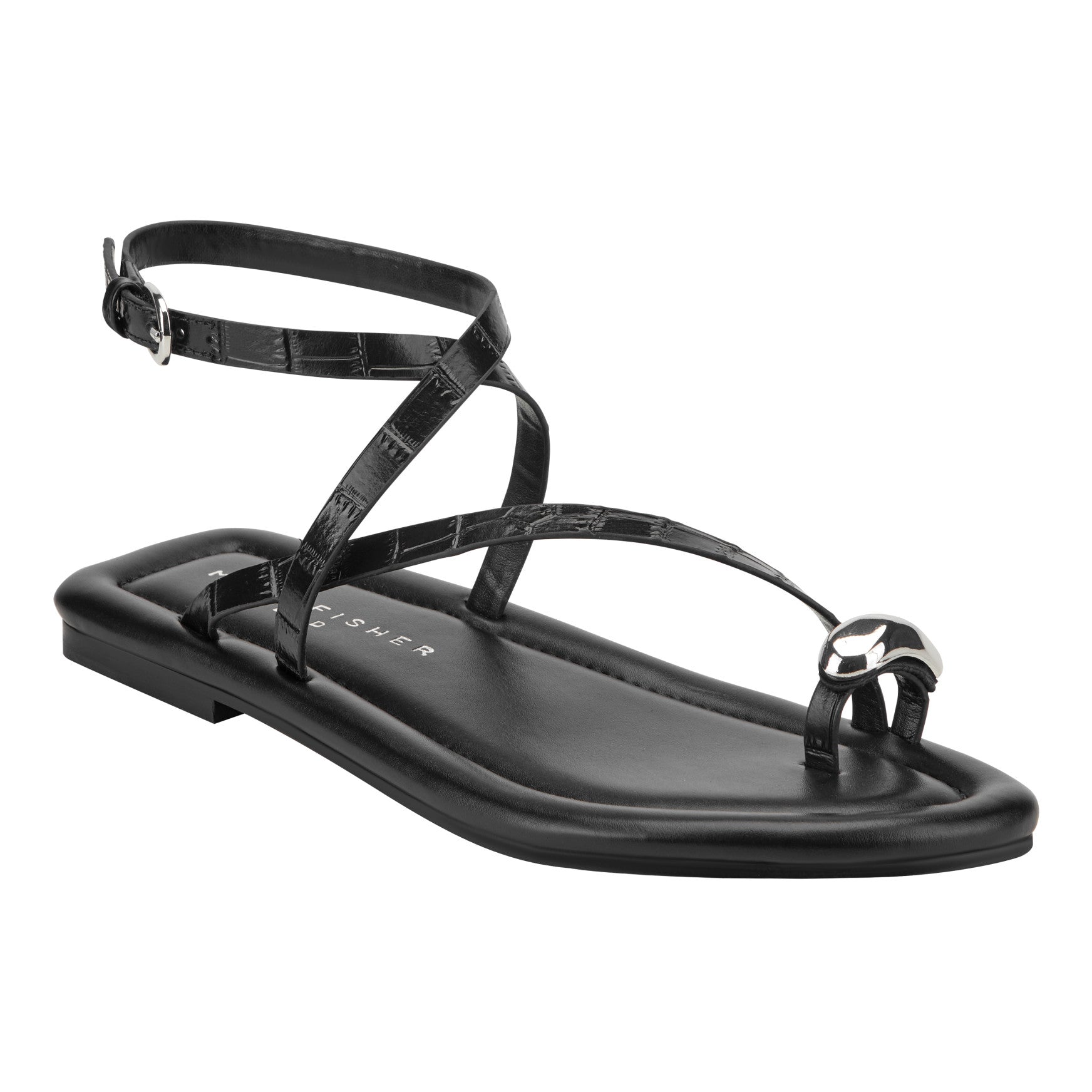 Gynnie Flat Leather Sandal - Black Leather Embossed Croco / Marc Fisher On Sale