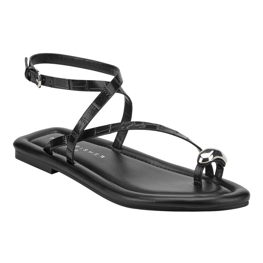 Gynnie Flat Leather Sandal - Black Leather Embossed Croco / Marc Fisher On Sale