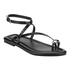 Gynnie Flat Leather Sandal - Black Leather Embossed Croco / Marc Fisher On Sale