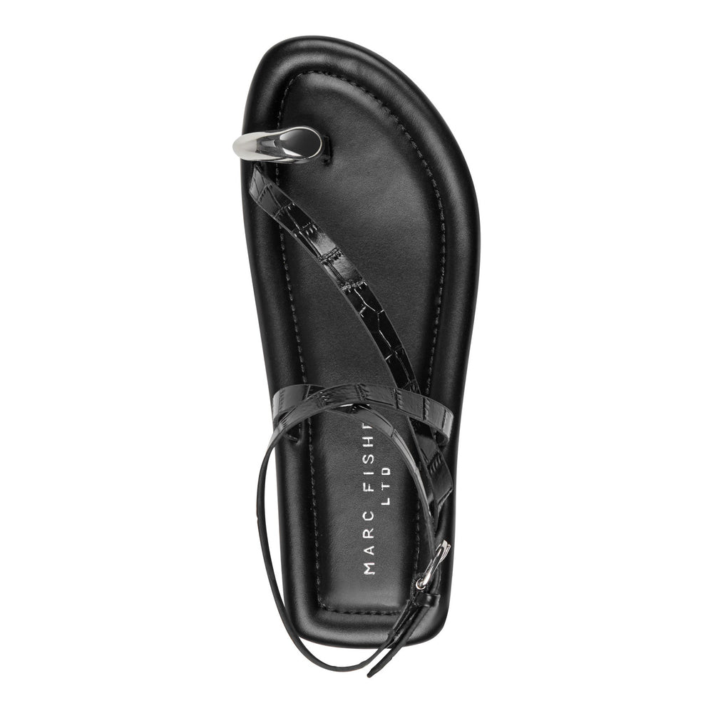 Gynnie Flat Leather Sandal - Black Leather Embossed Croco / Marc Fisher On Sale
