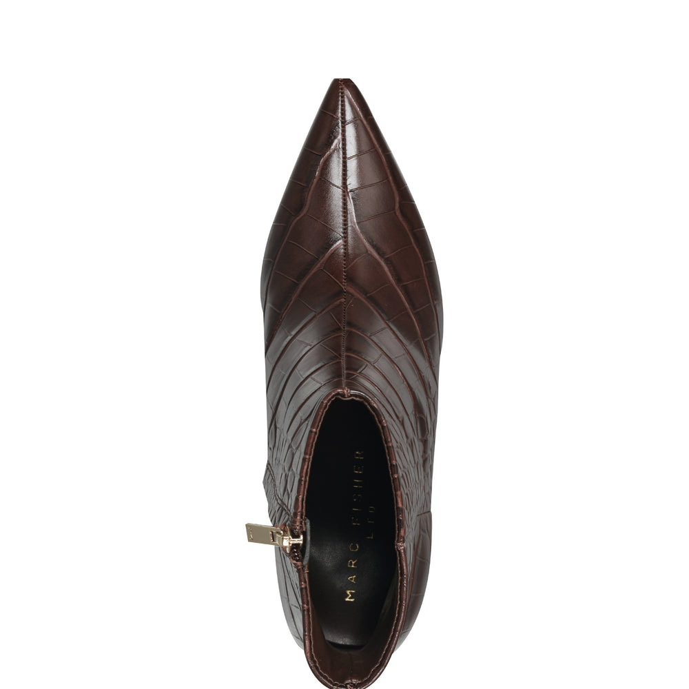 Alfie Block Heel Leather Ankle Bootie - Embossed Croco Dark Brown Leather / Marc Fisher For Sale