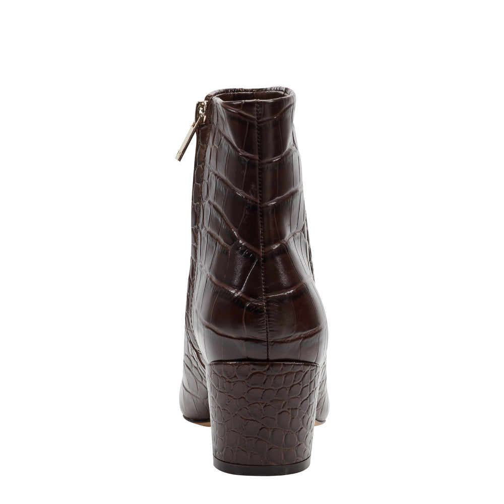 Alfie Block Heel Leather Ankle Bootie - Embossed Croco Dark Brown Leather / Marc Fisher For Sale