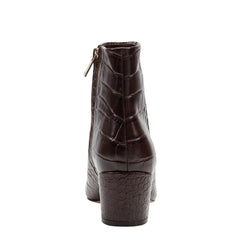 Alfie Block Heel Leather Ankle Bootie - Embossed Croco Dark Brown Leather / Marc Fisher For Sale