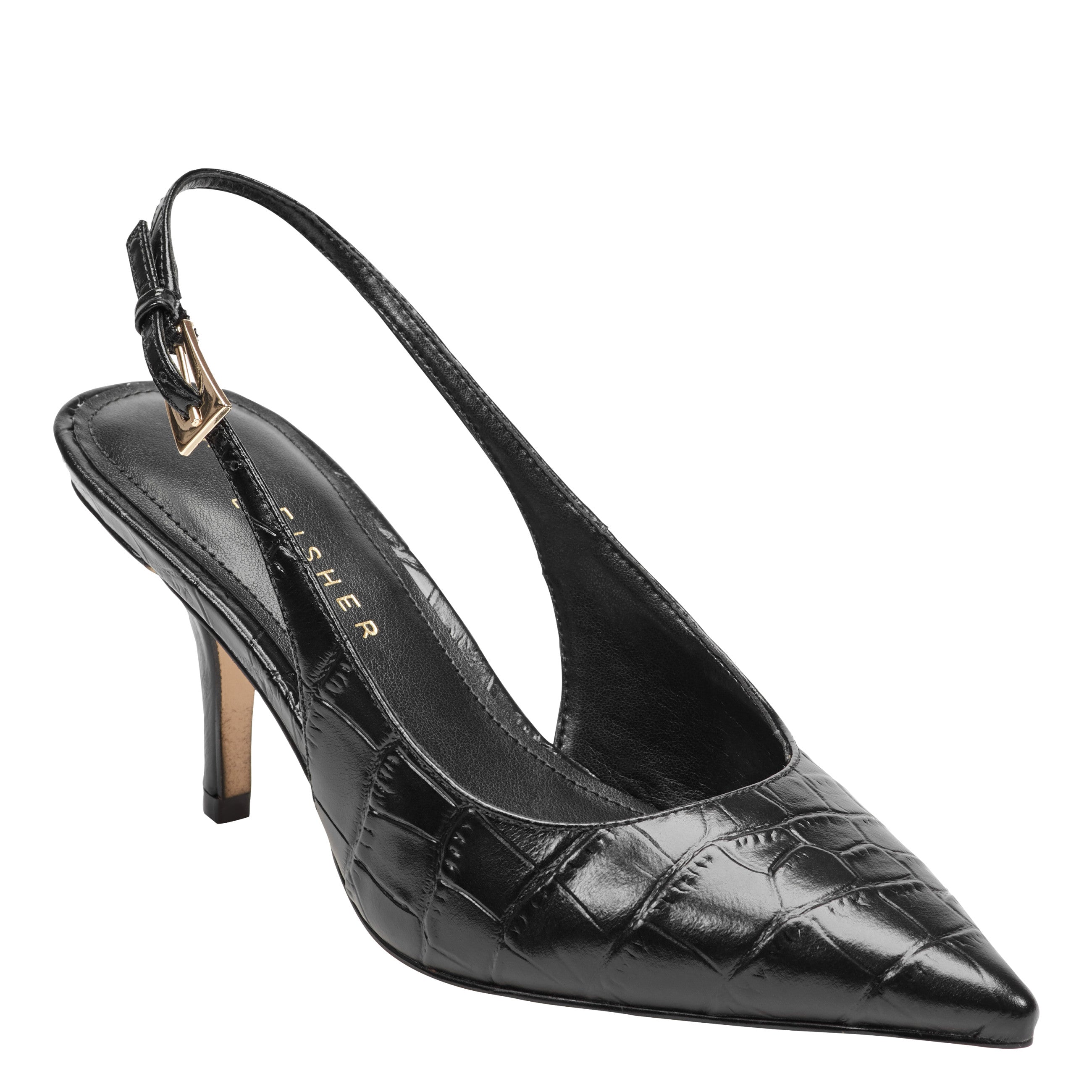 Dorie Leather Slingback Pump - Embossed Black Croco Leather / Marc Fisher For Sale
